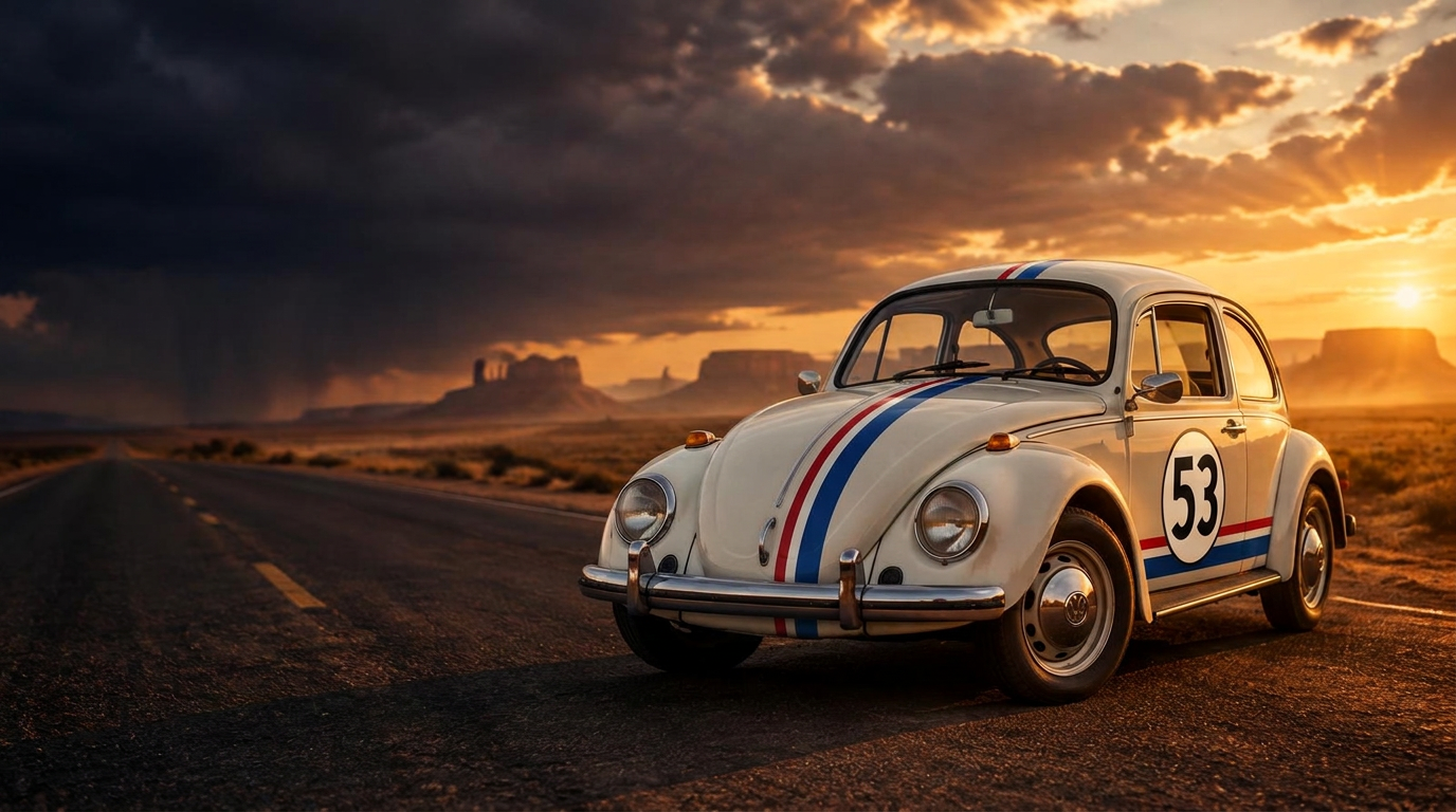 1972 Volkswagen Beetle in Herbie livery on a desert road at sunset